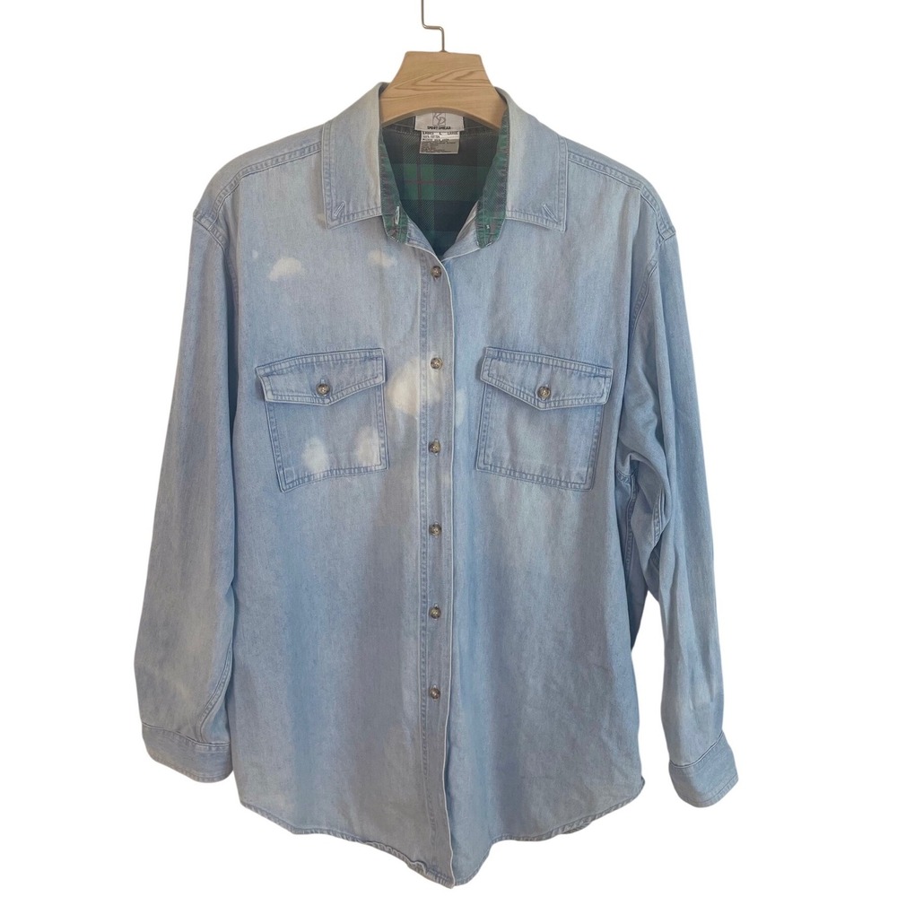 Vintage KD Sportswear Denim Button Down Shirt Light Wash Plaid Trim Distressed L